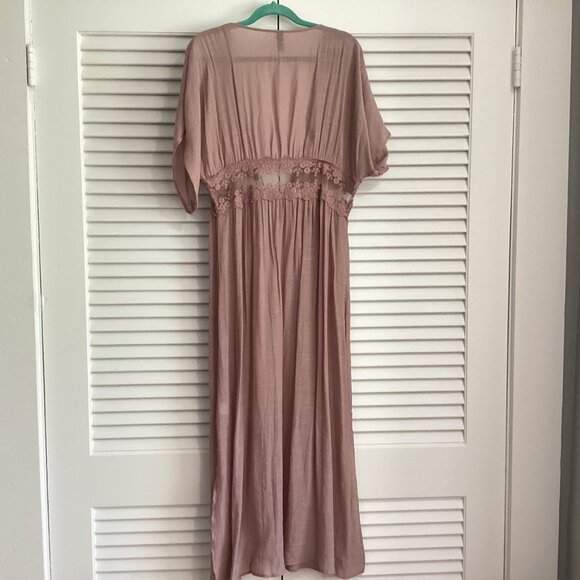 Alya Womens Mauve Maxi Dress Duster With Lace Trim & Drawstring Waist L/XL Beach - Picture 2 of 10